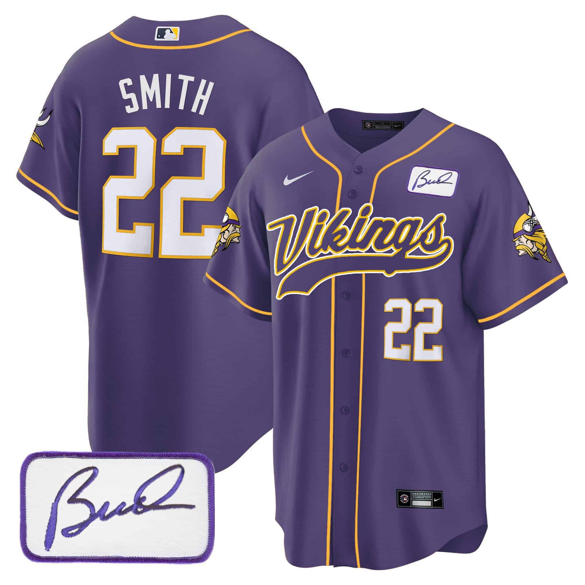 Men Minnesota Vikings 22 Smith Purple 2024 Nike Bud Grant Patch Classic Baseball NFL Jersey style 1